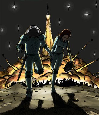 Vector retro-futuristic man and woman in space suits running from rocket blast and a furious crowd clipart
