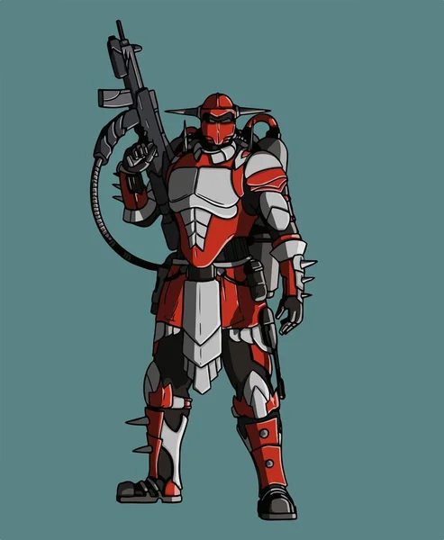 Caractère Futuriste Vectoriel Fiction Armure Avec Des Pointes Tenant Pistolet — Image vectorielle