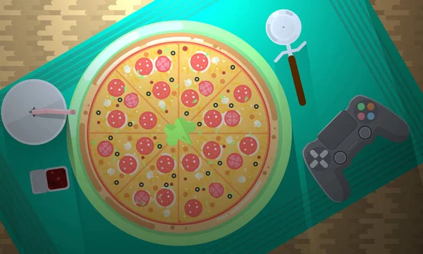 Pizza Sobre Mesa Con Soda Por Noche Jugando Una Consola — Vector de stock