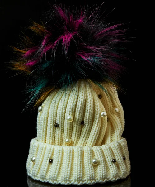Winter hat with bubo and pearls on a black — Stockfoto