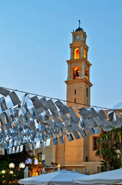 Panorama do velho Jaffa ao pôr-do-sol noite Igreja de São Pedro — Fotografia de Stock