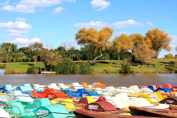 Barcos multicoloridos no cais no parque na lagoa no fundo de verde — Fotografia de Stock