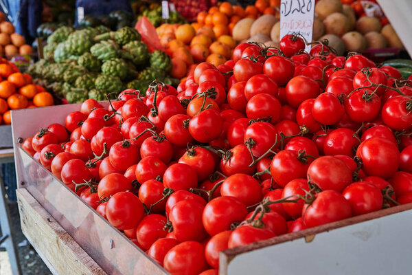 Fresh fruits and vegetables are sold at the Carmel open market in Tel Aviv, Israel. East market.