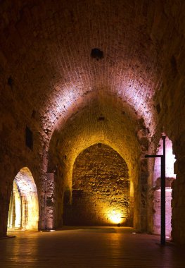 Knights Halls Acre İsrail. 12.-13. Haçlılar ana kale ve karargahları, salonları ve kuzey-batı tarafında yapılar