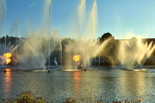 Фантастический тематический парк развлечений Efteling. Необычные фонтаны с огнем . — стоковое фото
