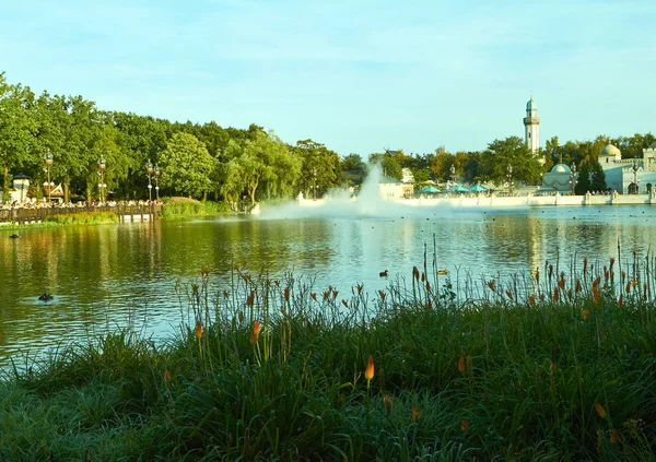 Pretpark Efteling. Ongewone fonteinen met vuur. — Stockfoto