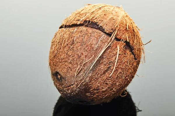 Coco fresco com uma rachadura no meio em um fundo cinza com reflexão. Produto biológico vegano — Fotografia de Stock