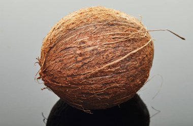 Gri arka planda yansıması olan taze hindistan cevizi. Vegan organik ürün