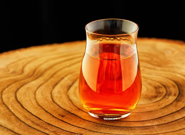Exquisite Cognac Special Glass Wooden Stand Black Background — Stock Photo, Image