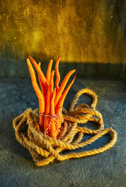 Ugly Food Deformed Organic Carrots Rope Blue Background Deformed Products — Stock Photo, Image