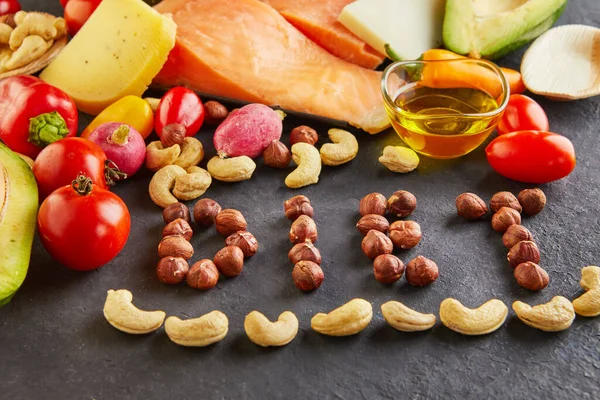 Dieta Cetogênica Conceito Alimentar Saudável Conjunto Alimentos Baixo Teor Carboidratos — Fotografia de Stock