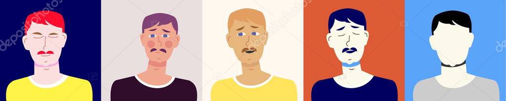 Man portrait with mustache. Colored pack of various sets and silhouette. Avatar. Vector Flat Illustration.