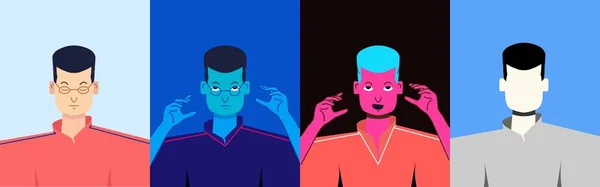 Büyü yapan bir çocuk. Eller yukarı! Renkli set ve siluet. Avatar. Vektör Düz Çizim.