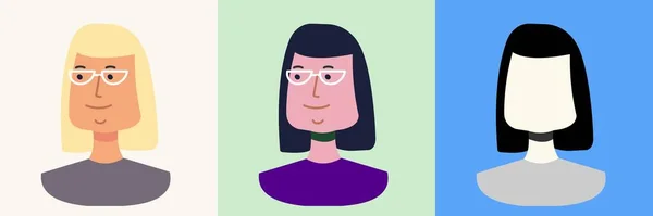 Gözlüklü çekici bir kadın. Renkli paket ve siluet. Avatar. Vektör Düz Çizim.