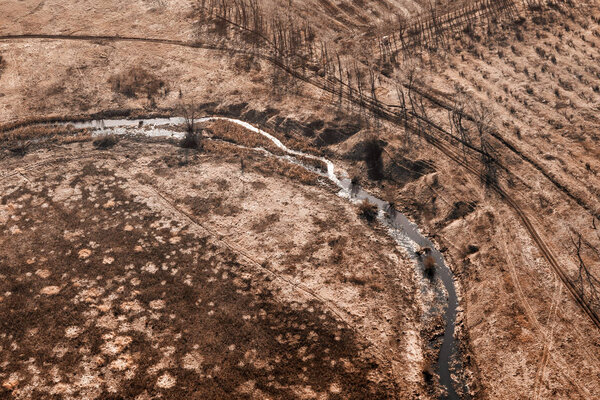 Earth from a height of flight. Aerial view of a large river and smaller tributaries.