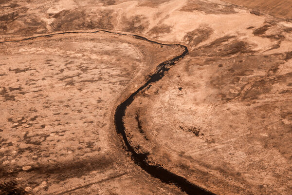 Earth from a height of flight. Aerial view of a large river and smaller tributaries.