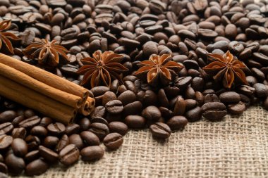 ışık üzerinde yıldız aniseas ve tarçın çubukları ile bütün fasulye kahve