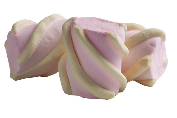 Isolering, tre rosa marshmallows med ljusgula lockar, whit — Stockfoto