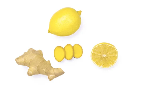 Корінь імбиру і лимон ізольовані на білому тлі . — стокове фото