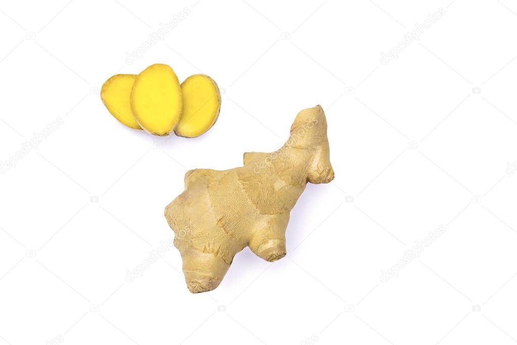 Ginger root isolate with slices on a white background.