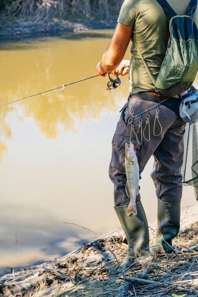 Peces Colgados Cinturón Del Pescador Con Caña Pescar — Foto de Stock