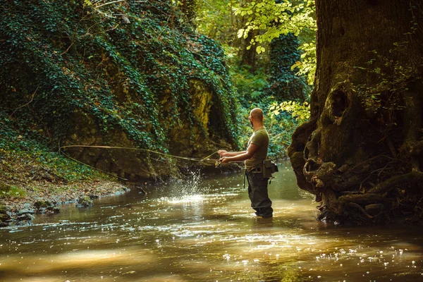 Pescador Que Pesca Com Pesca Mosca Córrego Fluindo — Fotografia de Stock