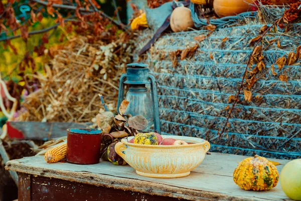 庭のテーブルの上の鉄灯籠と秋装飾 — ストック写真