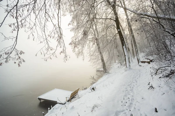 Pier Frozen Winter Lake Fog — Stock Photo, Image