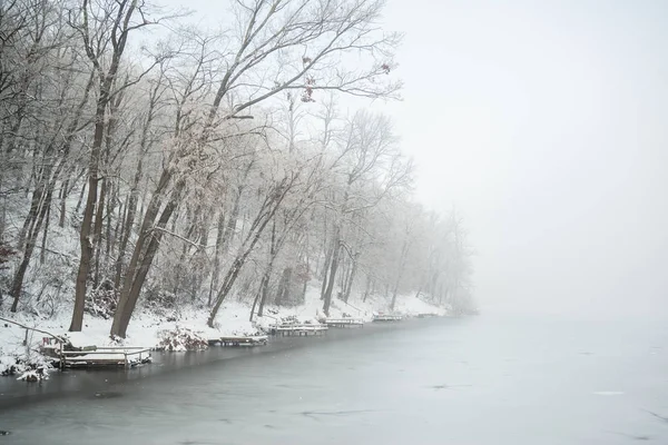 Pier Frozen Winter Lake Fog — Stock Photo, Image
