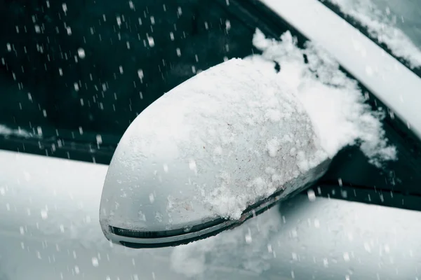 Car Side View Wing Mirror Covered Snow Close Image — Stock Photo, Image