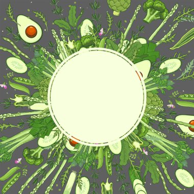 Yeşil sebzeler arka plan afiş için şablon. Sağlıklı organik gıda kavramı. Çizilmiş resmi Restoran Menü, Pazar için