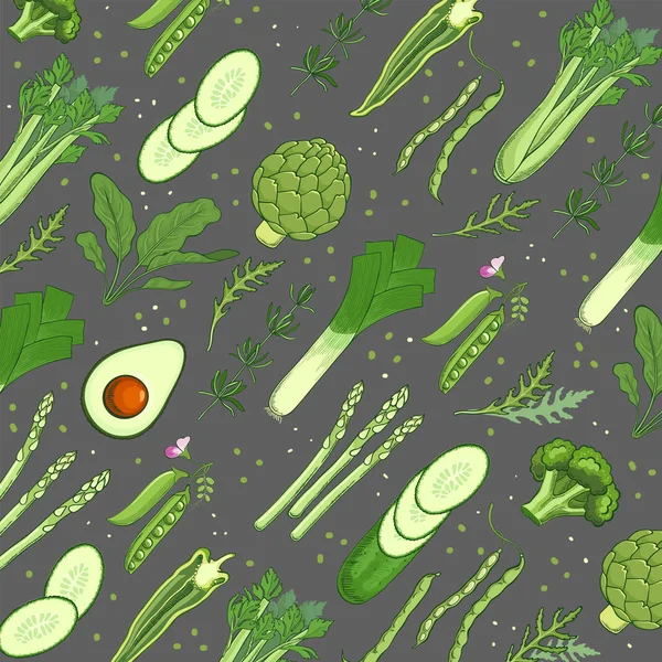 Modelo de fundo de vegetais verdes para banner. Conceito de alimentação orgânica saudável. ilustração desenhada à mão para menu de restaurante, mercado — Vetor de Stock