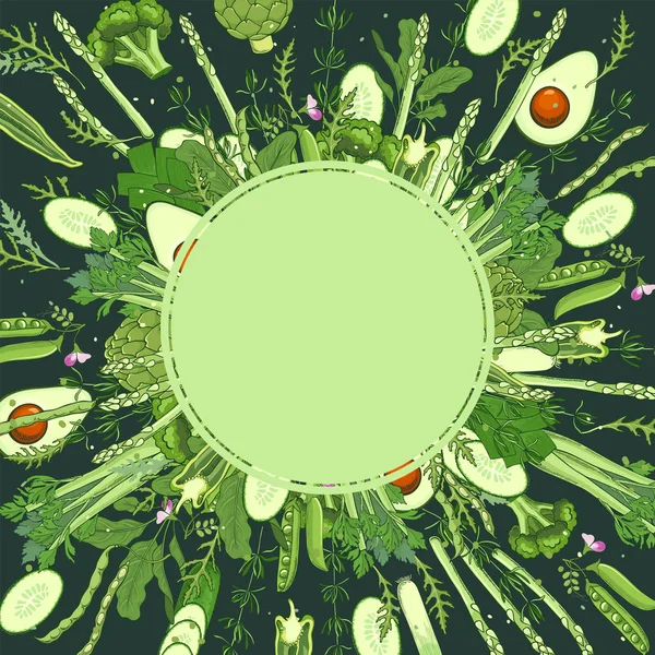 Green vegetables background template for banner. Healthy organic food concept. Hand-drawn illustration for restaurant menu, market