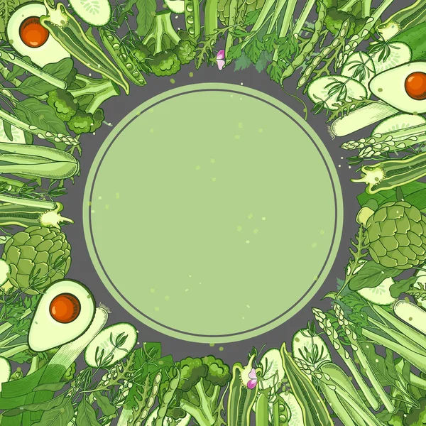 Modelo de fundo de vegetais verdes para banner. Conceito de alimentação orgânica saudável. ilustração desenhada à mão para menu de restaurante, mercado —  Vetores de Stock