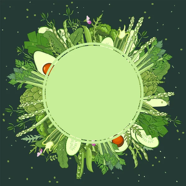 Vihreät vihannekset tausta malli banneri. Terveellistä luomuruokaa. Käsin piirretty kuva ravintolan ruokalista, markkinat — vektorikuva