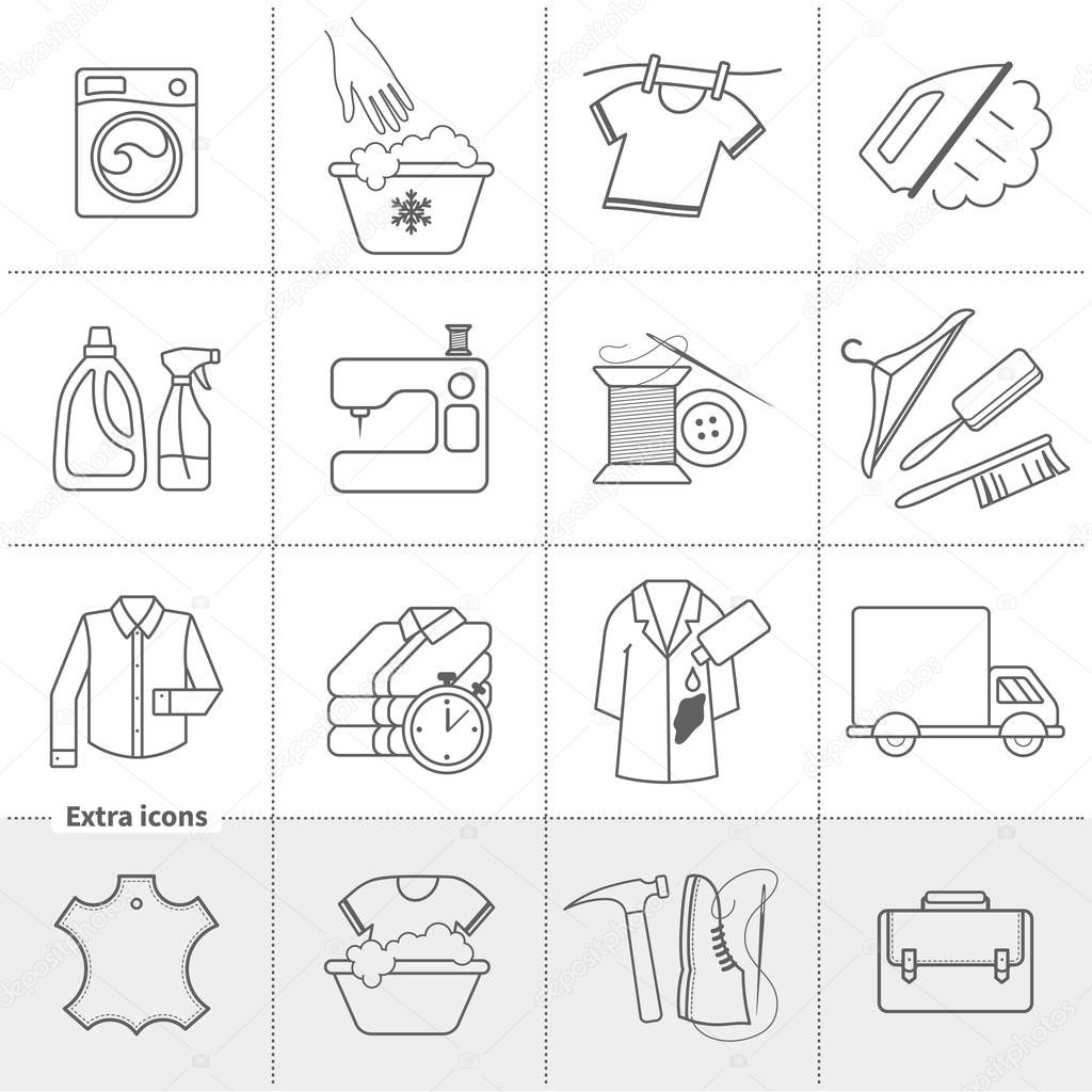 Dry cleaning laundry and cloth washing service vector linear icons (labels, logos). Drying, ironing, washing machine, stain removing, hanger, leather handbag cleaning, delivery, clothes, shoe repair