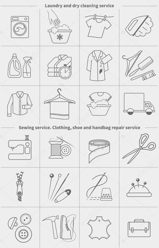 Big set of vector linear icons, labels, logos. Dry cleaning laundry and cloth washing, sewing service. Ironing, washing machine, stain removing, hanger, leather handbag cleaning, clothing, shoe repair