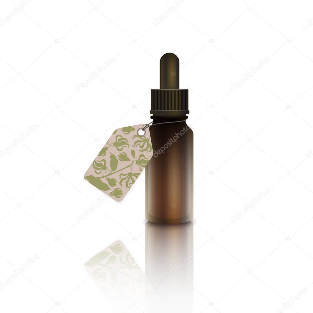 Realistic bottle with cardboard label - essential oil of ylang-ylang (cananga tree). A dropper with ylang ylang flower essential oil. Aromatherapy, perfumery, cosmetics, spa sticker, price tag, coupon