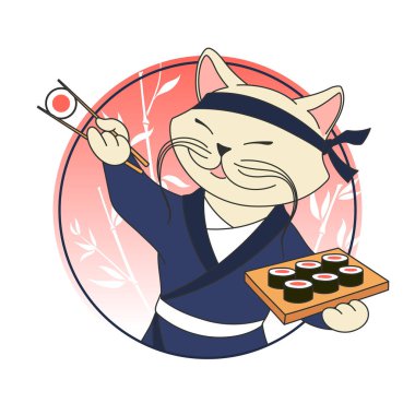 Sushi (rulo) ve Chopsticks ile Kawaii karikatür kedi şefi. Sushi Bar veya restoran vektör logo şablonu. Japon geleneksel mutfağı, Kore, Çin, Asya gıda simgesi. Komik kedi karakter Doodle