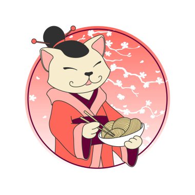 Erişte (ramen) ve Chopsticks ile Kawaii karikatür kedi şefi. Suşi deniz ürünleri Bar veya Fast Food Restoran vektör logo şablonu. Japon mutfağı, Kore, Çin, Asya yemekleri simgesi. Karakter Doodle.
