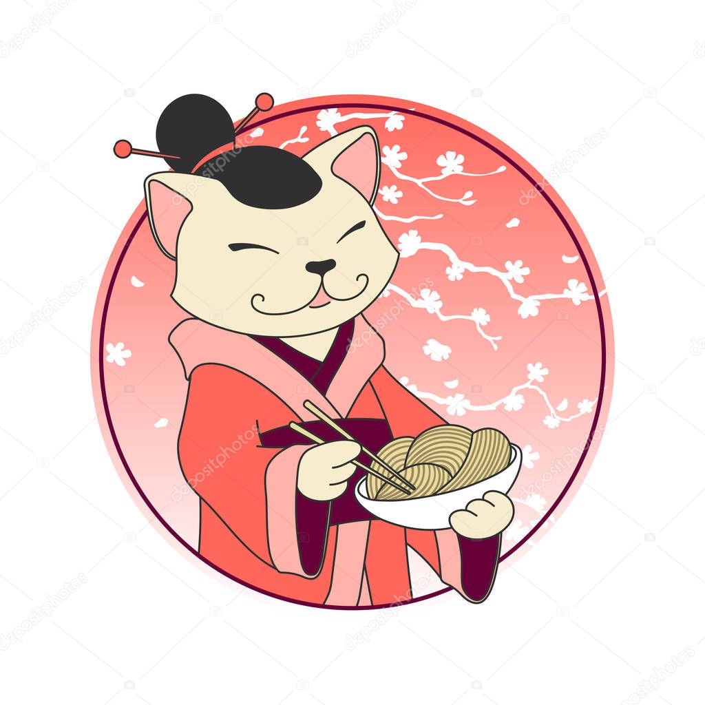 Kawaii cartoon cat chief with noodles (ramen) and chopsticks. Sushi seafood bar or fast food restaurant vector logo template. Japanese cuisine, Korean, Chinese, Asian food icon. Character doodle.