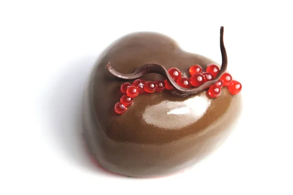 Csokoládé Szív Desszert Piros Gránátalma Juice Kaviár Csokoládé Dekoráció Fehér — Stock Fotó