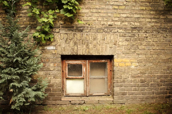 Muro di mattoni invecchiato con piccola finestra rettangolare seminterrato — Foto Stock