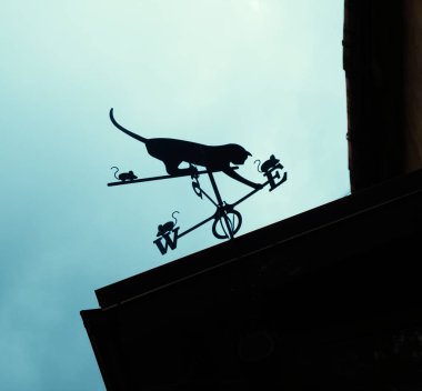 Eski evin çatısında siyah kedi ve fareler hava vane