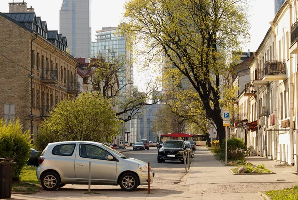 Vista de la calle del centro de Europa con coches aparcados y zonas verdes — Foto de Stock