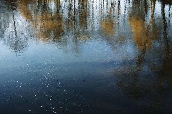 Yellow autumn tree leaves reflection in river water — Stock Photo, Image