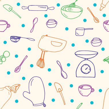 Pişirme araçları ekipman renkli çizgi sanat krem arkaplan üzerine pürüzsüz desen karalar