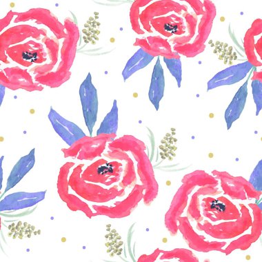 El çizimi kırmızı güller. Çiçeksiz desen. Beyaz arka planda yeşil yapraklar ve böğürtlenler.