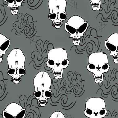 Uzaylı kafatası desensiz beyaz el, gri arka planda koyu dalgalı elementlerle üç farklı kafa çizdi.