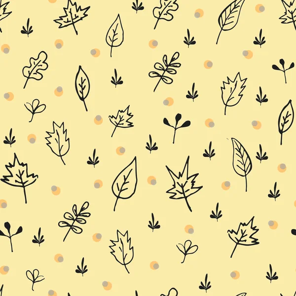 Autumn line art leaves on yellow background seamless repeated pattern